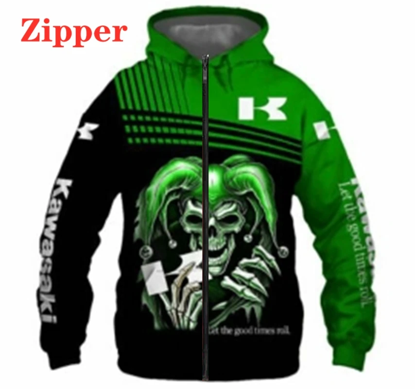 

2021 New Fashion Kawasaki Punisher Men's Hoodie 3D Digital Print Sweatshirt Sportswear Harajuku Casual Zip Jacket Men Clothing