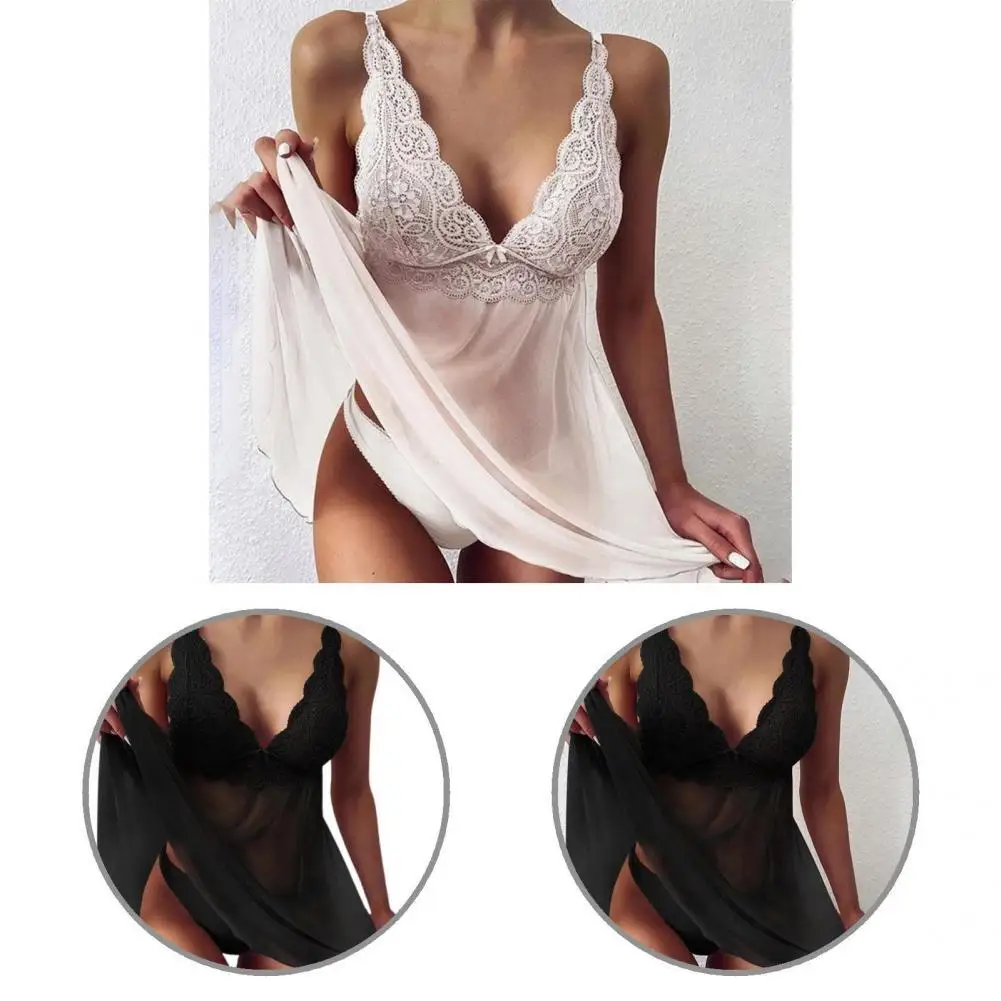 

Thin Chic Deep V-Neck Sexy Night Dress Briefs Stitching Hem Bodycon Nightgown Set Bow Night Dress