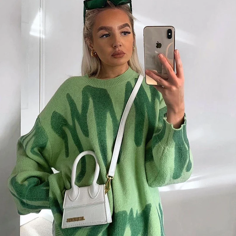 

Green Korean Sweater With Print Long Sleeve Warm Loose Women's Jumper 2021 Autumn Pullovers Knit Top Casual Winter Clothing