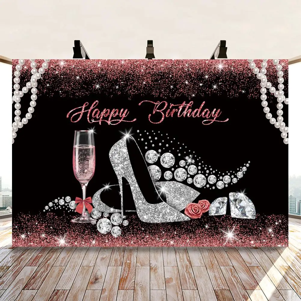 

Woman Happy Birthday Party Backdrop Decor Glitter Purple Sliver Birthday Cake Table Background Rose Lady High Heels Photocall