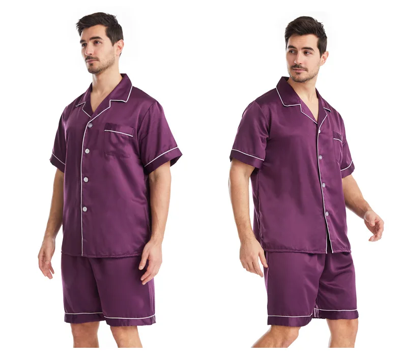 Matt Satin Short-sleeved Pyjamas Set Plus Size Home Service Summer Men's Lapel Solid Color Pajamas Set