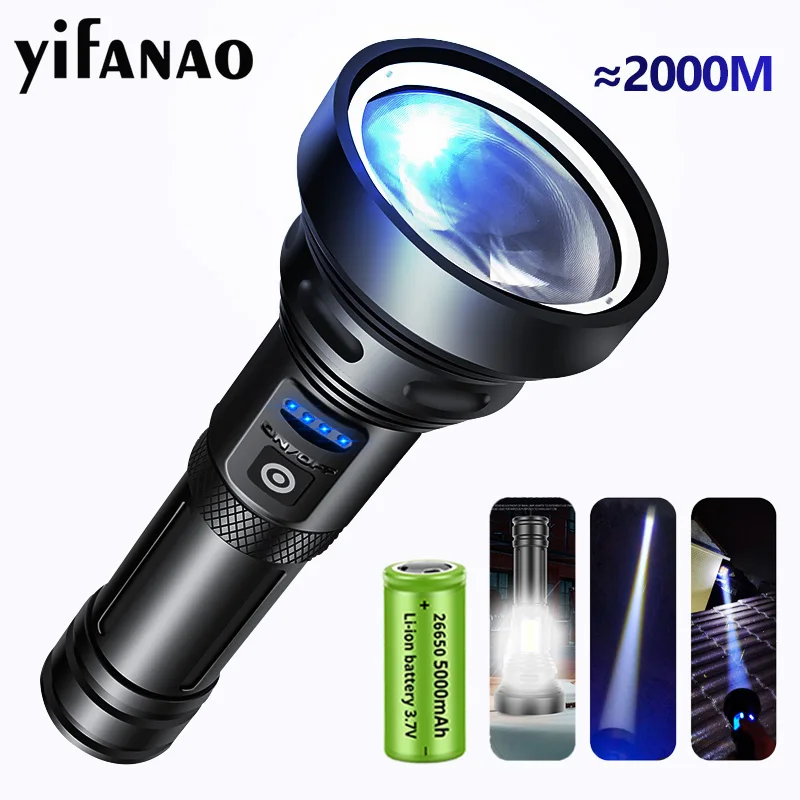 

2000M Super Long Distance LED Flashlight with Large Convex Lens Waterproof Aluminum Alloy Portable Spotlights for Camp Hiking