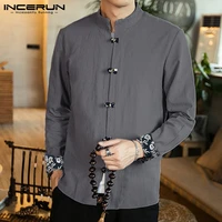 incerun chinese traditional shirt men long sleeve solid button cotton camisa mandarin collar retro casual mens shirt streetwear