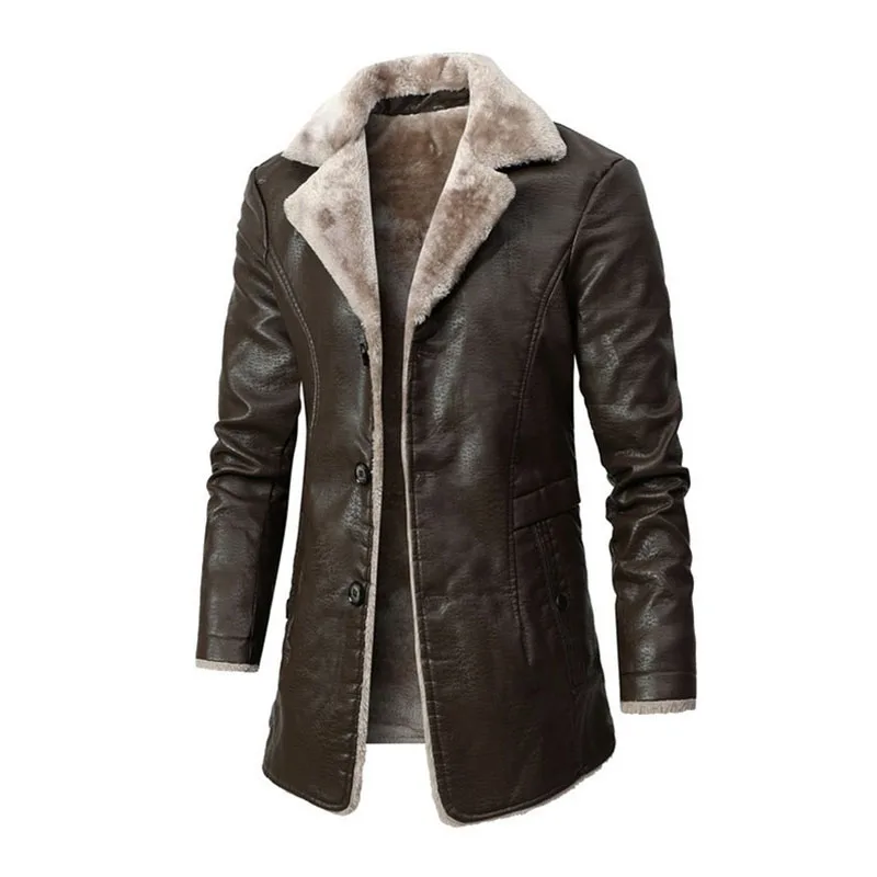 

Men's Midi Long Leather Jackets Middle-aged Elderly Autumn Winter Business Casual Plush Plus Size Lapel Leather Coat Men