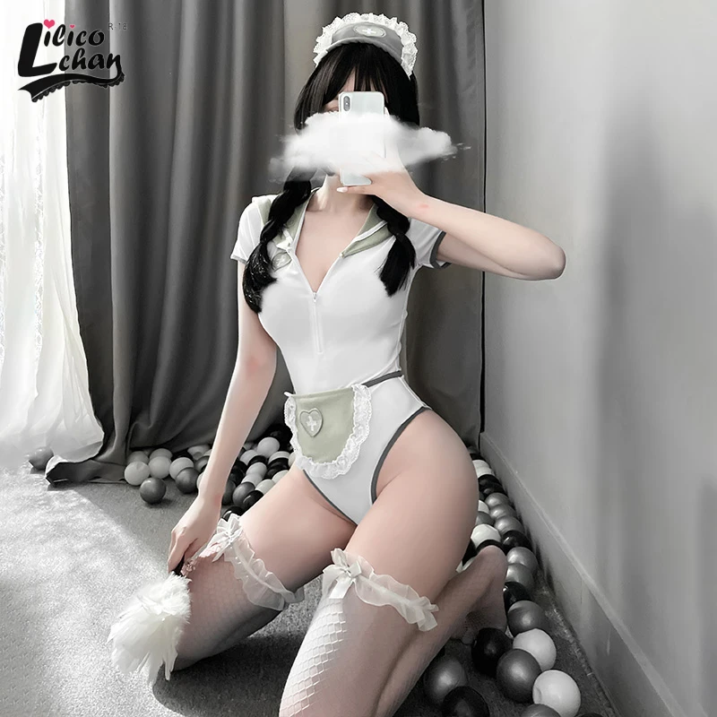 

5Pcs V Neck Women Sexy Bodysuit Bunny Girl Nurse Maid Outfit Kawaii Zipper Sailor Collar Cosplay Costumes Erotic Student Uniform