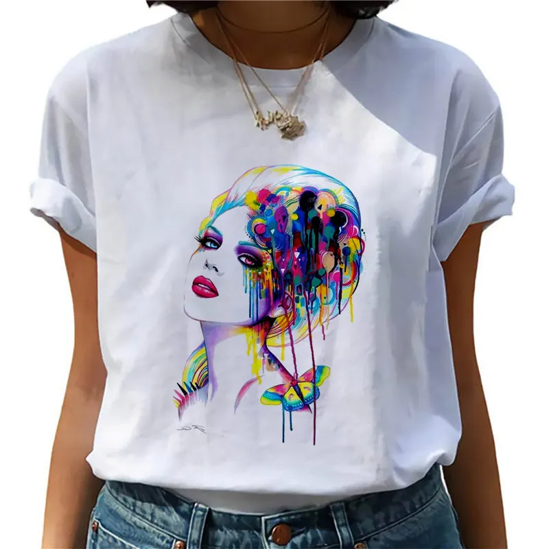 

Women T-shirt Watercolor Print Animal Woman Print White Casual O-Neck Short Sleeve Hipster T shirt graphic t shirts