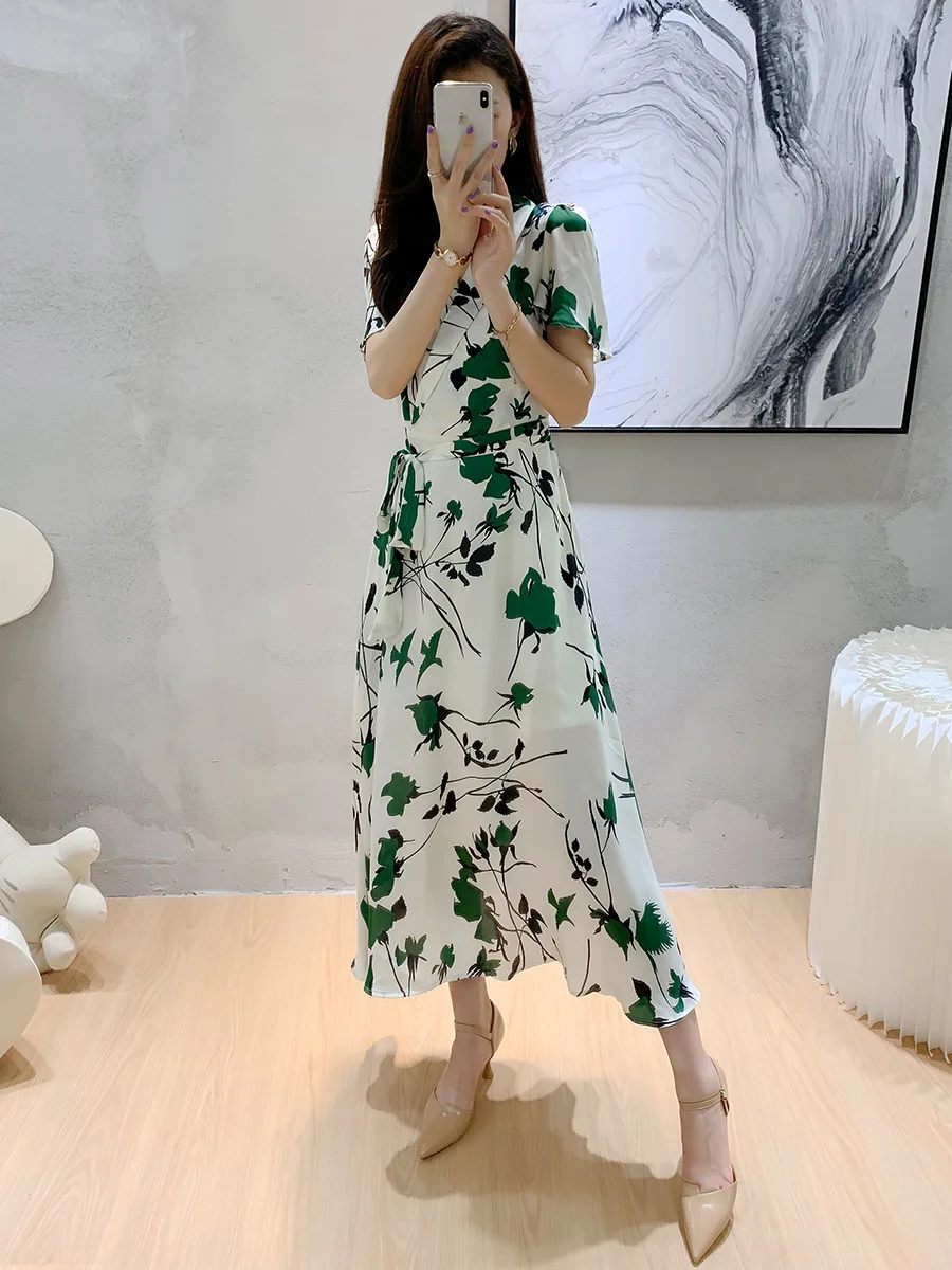 

Summer 2021 Elegant Fresh Floral Printing V Neck Short Ruffles Sleeves High End Lacing Belt Long Chiffon Dress Women