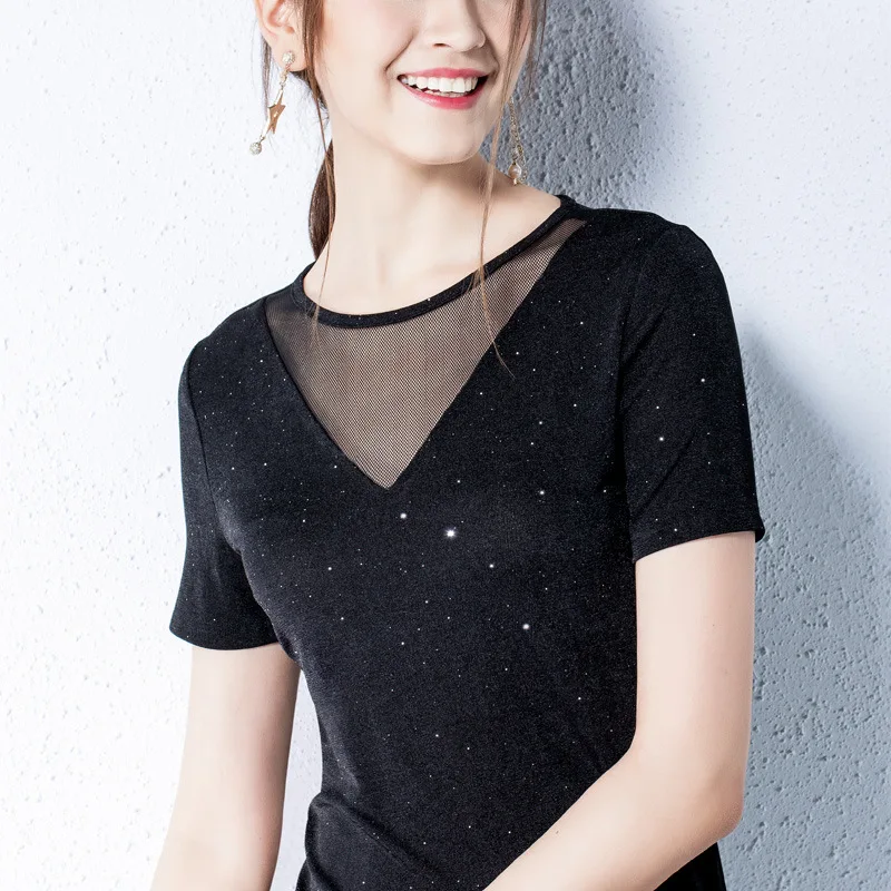 

Summer fashion new trend women's stitching mesh bottom shirt solid slim short sleeve T-shirt fashion