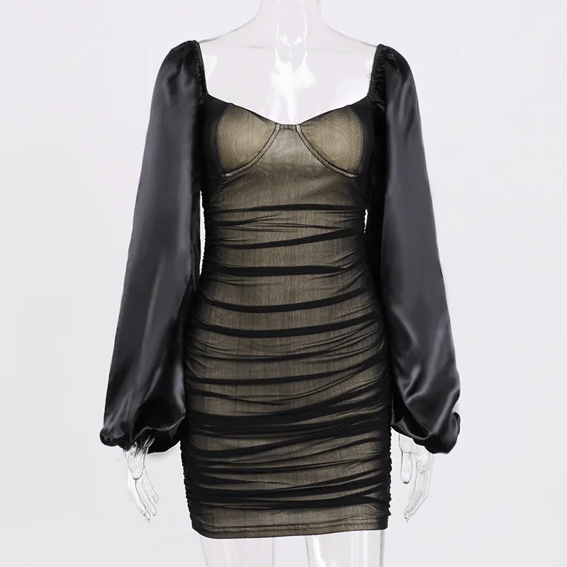 

Dresses Women 2021 Sexy Mesh Patchwork Chiffon Lantern Sleeve Pleated Bodycon Zip Up Mini Dress with Chest Pad Club Party Wear