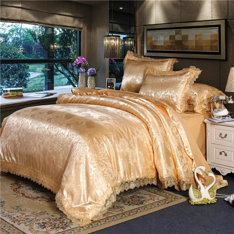 

4 Pieces Silver Brown Luxury Satin Cotton Lace Bedding sets Double Queen King size bedding duvet cover bed sheet set Pillowcases