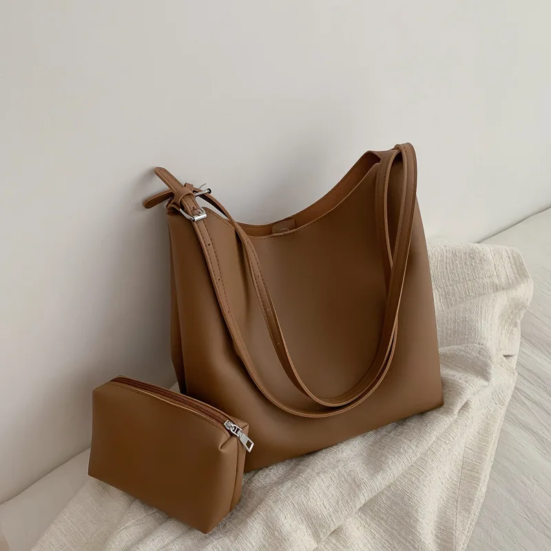 

Autumn New Style Larger Capacity Bucket Bags for Women Retro Simple Solid Color Pu Leather Shoulder Composite Bag Female