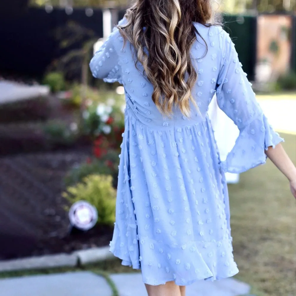 

Casual Style Summer Dress Loose Fashion Temperament Simple Designer Elegant Blue Jacquard Chiffon V-neck Flared Sleeves