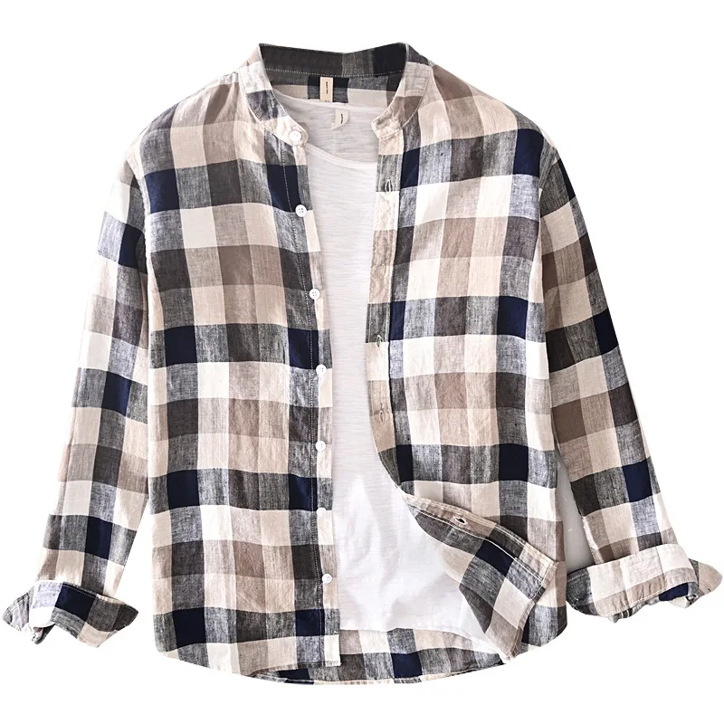 Мужская длинная рубашка из чистого льна 2020 клетчатая с воротником стойкой летняя