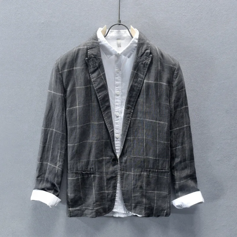 Мужской деловой Повседневный пиджак в полоску льняной жакет японском стиле с