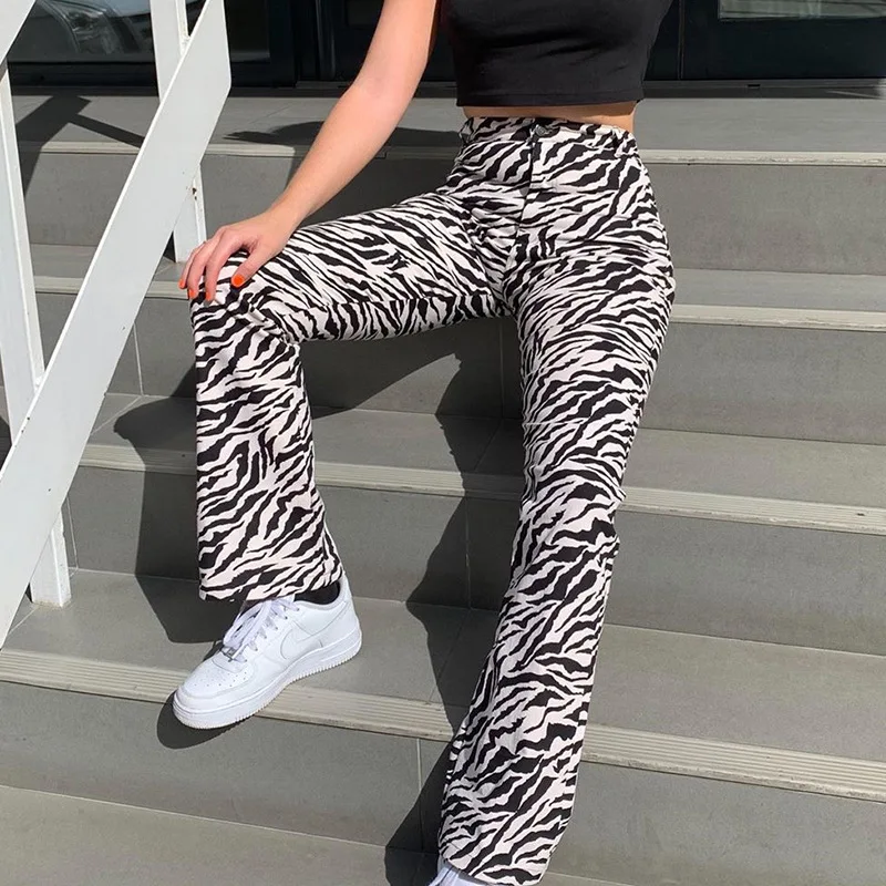 

New Fashion Women Ladies Casual Long Pant Zebra Stripe High Waist Casual Trousers Palazzo Lounge Pants Streetwear