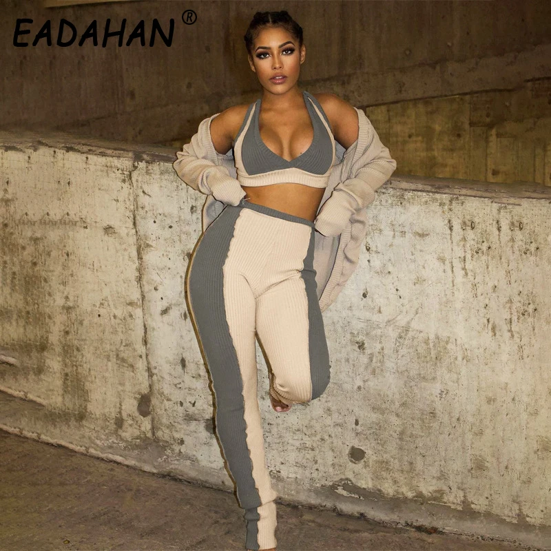 

EADAHAN Spring Women's Clothes New Contrast Color Sunken Stripe V-Neck Patchwork Sports Bra Trousers Yoga Clothes For Women