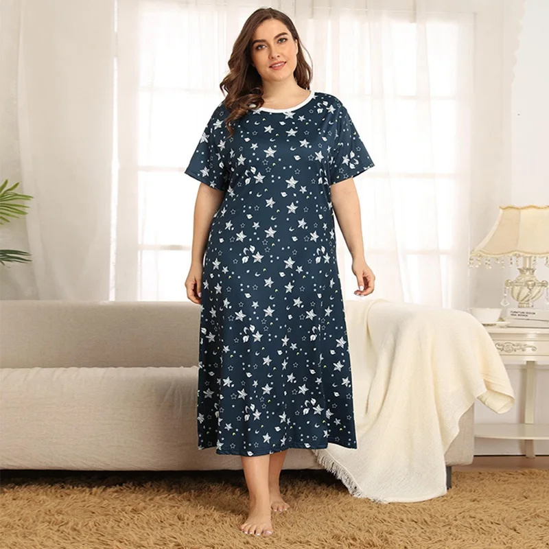 

Ladies Sleeping Nightgown Spring Summer Loose Print Sleepshirts Women Pajamas Large Size Dress