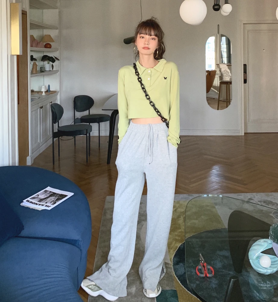 

Модные женские свободные прямые брюки, весна-осень 2021, женские зимние широкие брюки с высокой талией, повседневные спортивные брюки WP271