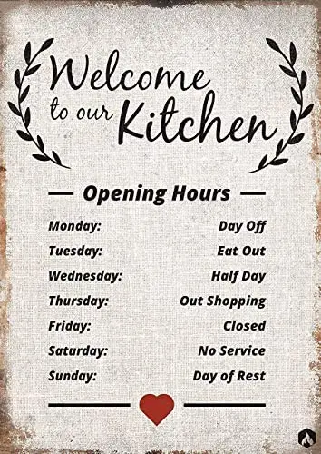 

Kitchen Opening Hours White Twine Metal Wall Sign Plaque Metal Sign 8X12 Inches