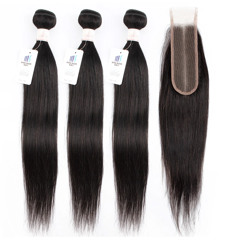 Kisshair 3 bundles with 2*6 closure middle part natural color Brazilian human hair straight remy double weft hair extension