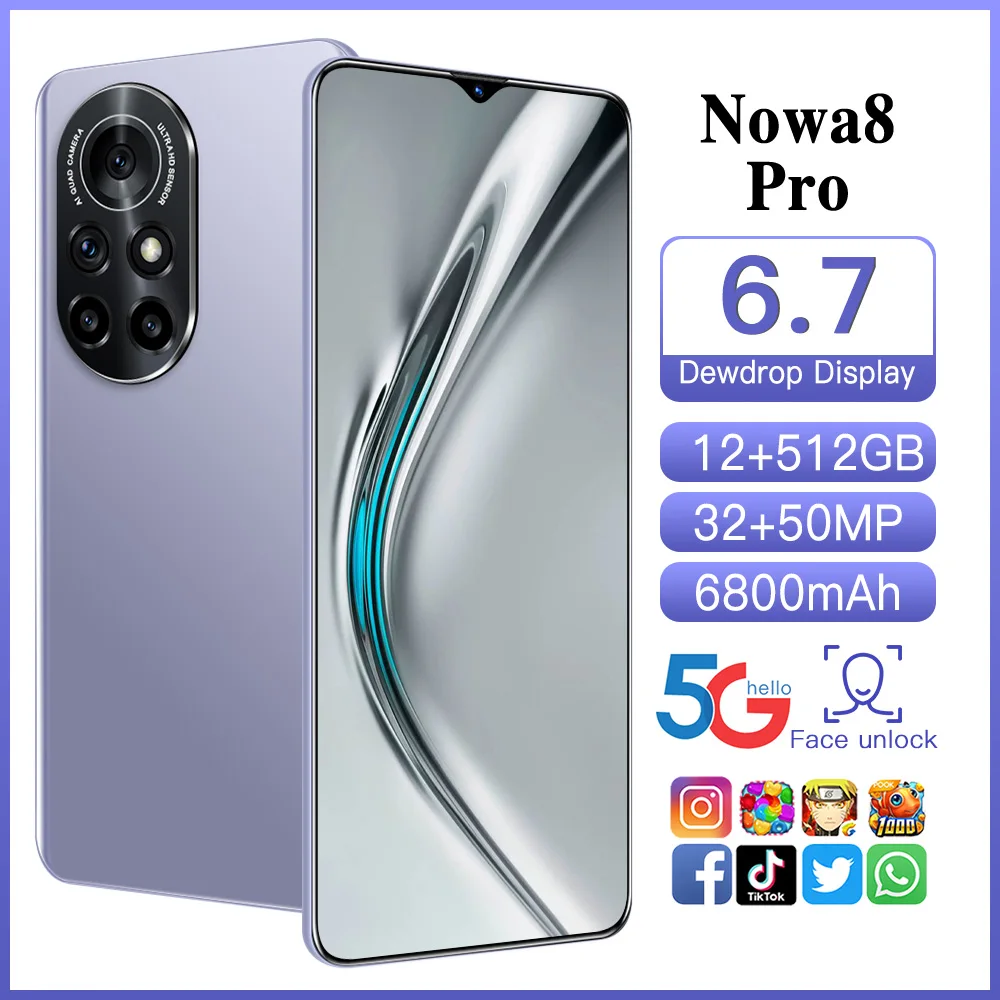 

HUAWE Hornor Nowa8 Pro 5G 12+512G Big Memery Smart Phone 6.7Inch HD Screen NFC Fingerprint ID Face Unlock Dual SIM Mobile Phone