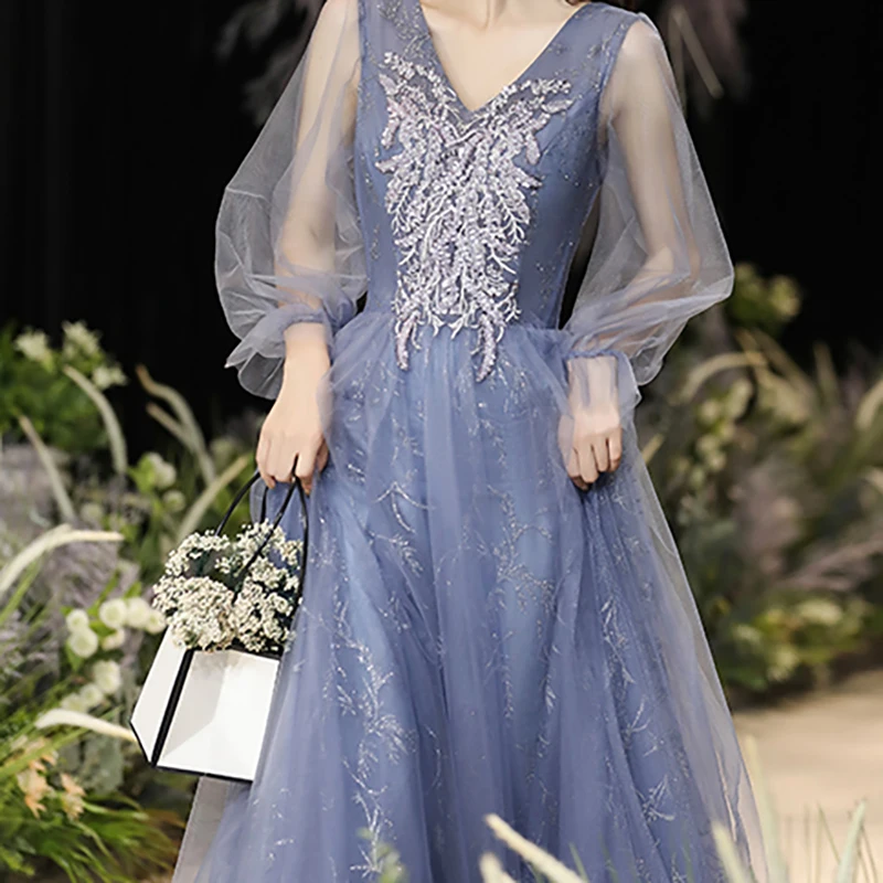 

Evening Dresses Lace Full Sleeves Sexy Deep V-Neck Plus size A-line Floor-length Appliques Bling Woman Formal Party Dress A293