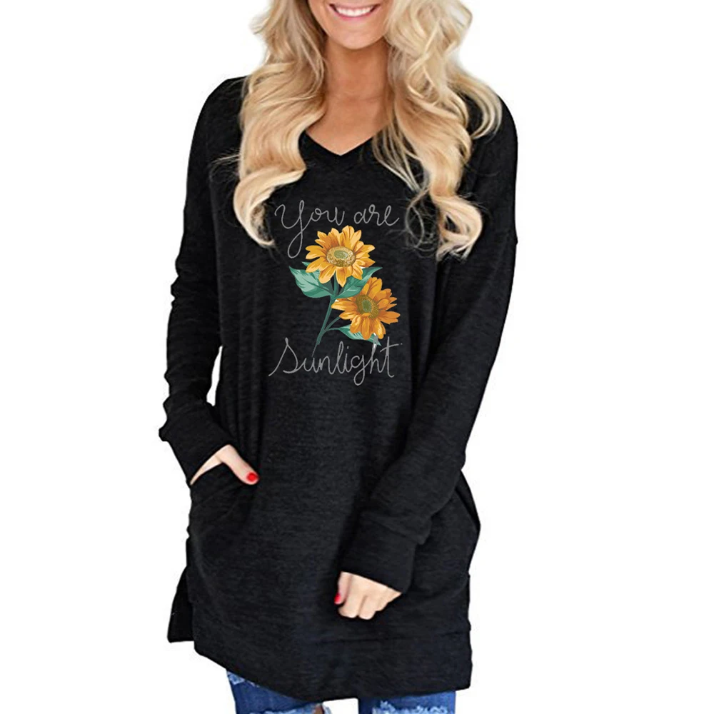 

VICABO Womens T-Shirts V-Neck Printed Long Sleeve Split Full Top Shirts Pockets Casual Loose Ladies Clothing Shirts for Women