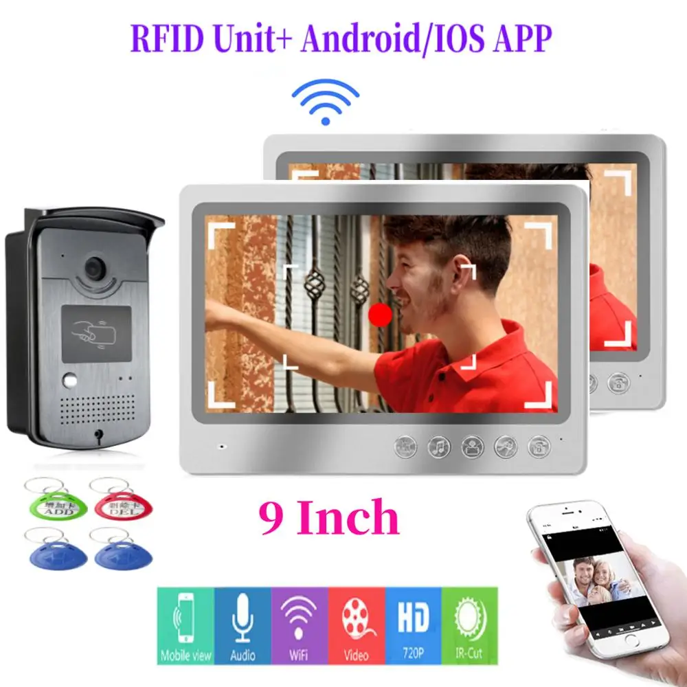 

Fingerprint RFID APP Remote Unlock Video Intercom 9 Inch SD Record Screen WIFI Video Doorbell Door Phone Intercom+2x Monitor KIT