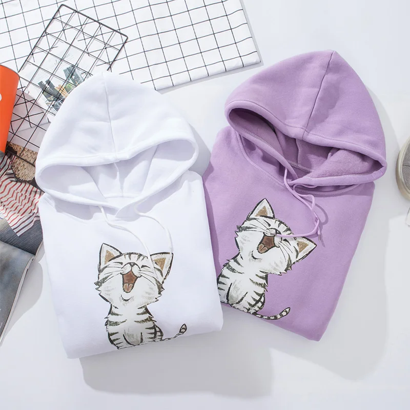 

Women Sweatshirt Cat Printed Warm Hoodie Korean Style Oversized Hoodies Plus Size 3XL Female Tops 2020 Winter Casual Sweatshirts