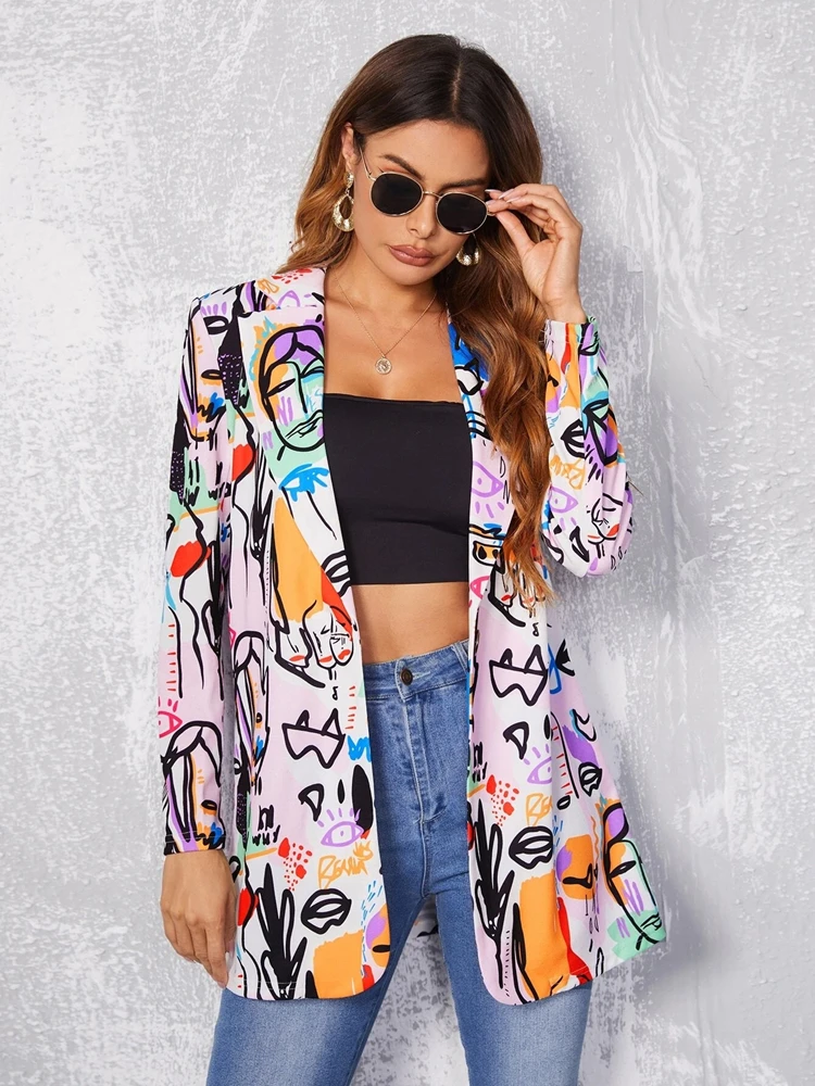

Printed Blazer Women Casual Cool Fashion Aesthetic Clothing Y2k Style Single Breasted Coat Suits Spring Summer 2022 New Arrivals