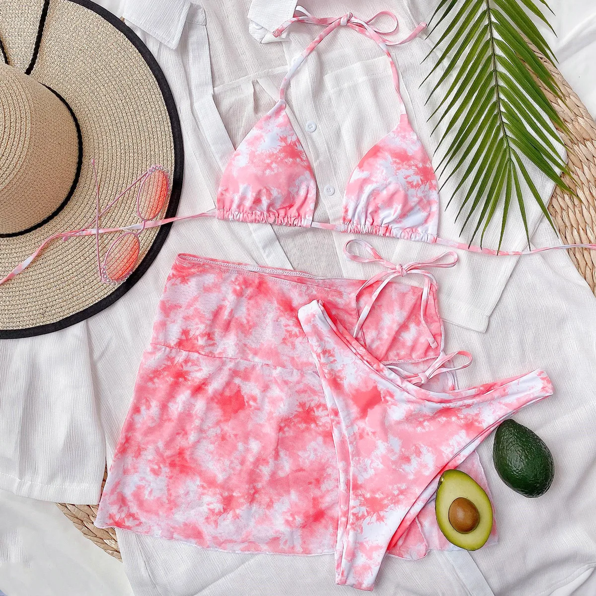 

Pink Tie Dye Thong Bikini Female Swimsuit Women Swimwear Three-pieces Bikini Set Sexy Halter Bather Bathing Suit Swim Lady 2020