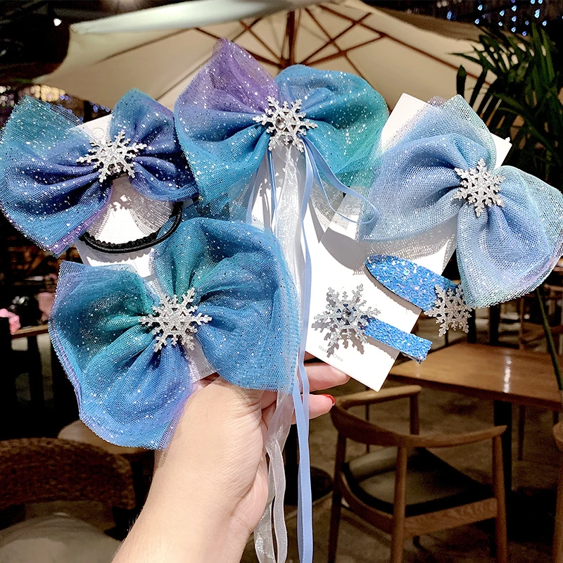 Голубая Блестящая лента с бантом для девочек заколки волос рождественскими