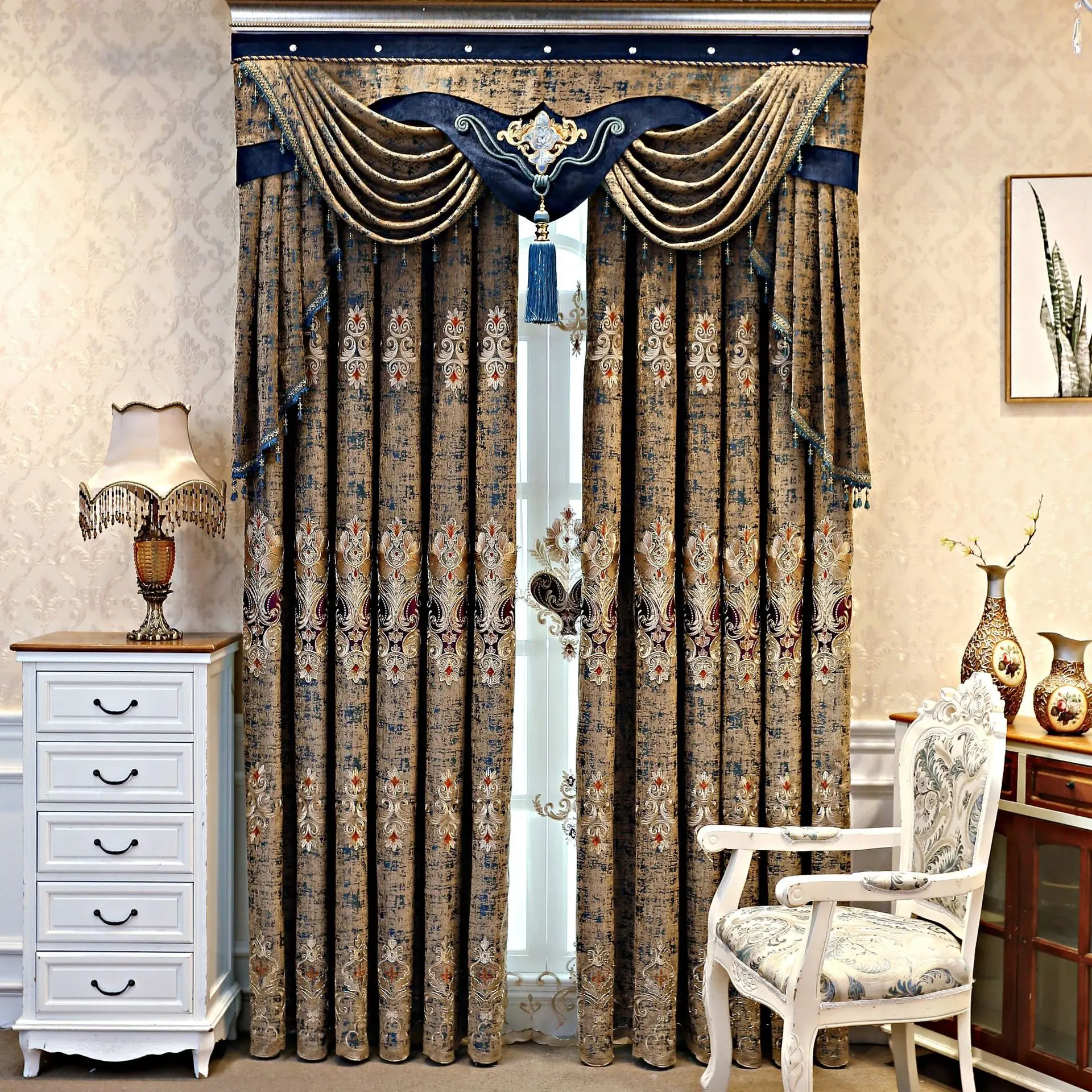 

New Style Curtain Palace Luxury European Style Chenille Jacquard Embroidery Products Curtains for Living Dining Room Bedroom