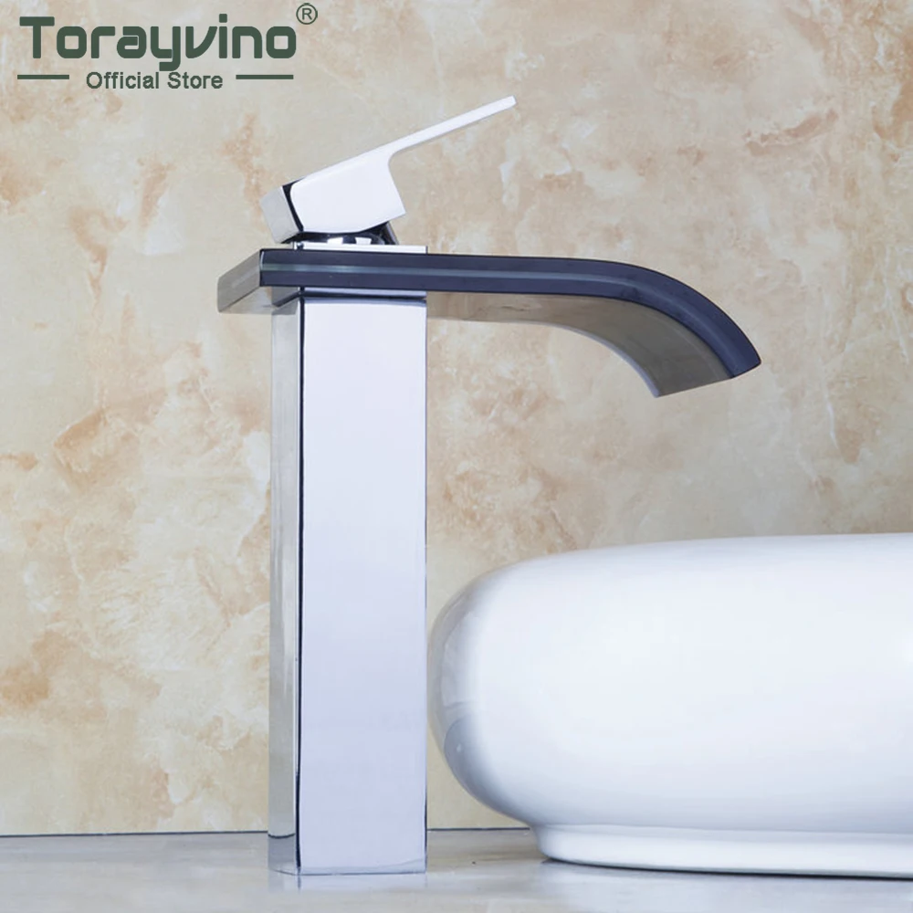 

Torayvino Best Quality Waterfall Deck Mounted Bathroom Faucet Basin & Sink Chrome With Black Glass Hot And Cold Mixer Tap Faucet