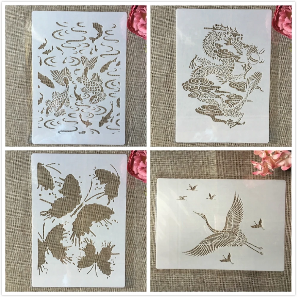 

4Pcs A4 29cm Crane Dragon Butterfly Carp DIY Layering Stencils Painting Scrapbook Coloring Embossing Album Decorative Template