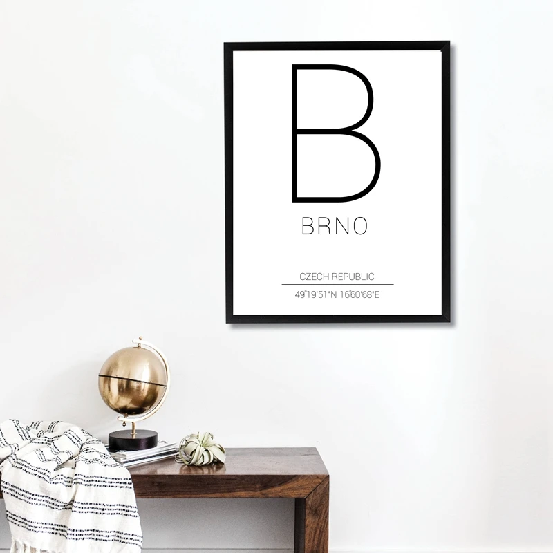 Black White Brno Czech Republic Map Canvas Poster City Coordinate Nordic Wall Art Print Painting Modern Home Decor |