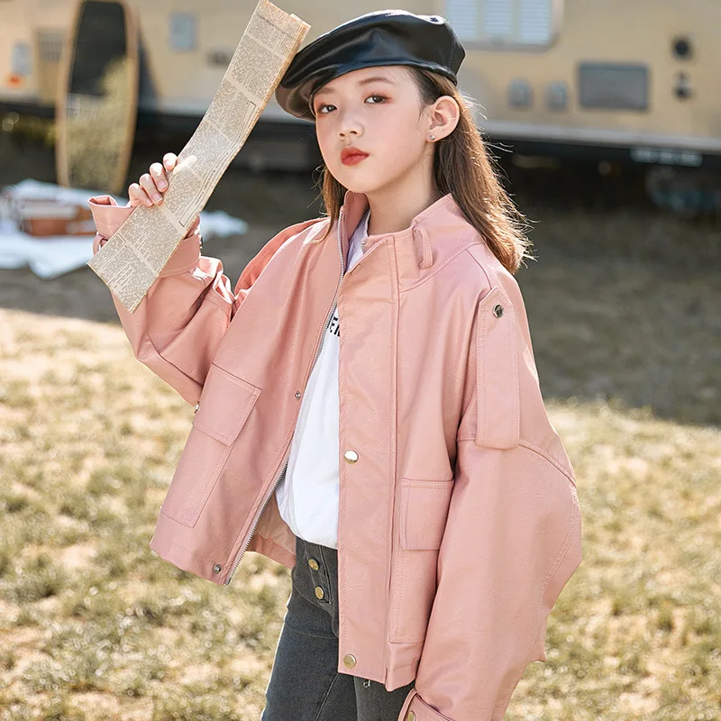 Teenage Girl Spring Autumn PU Coat Jacket Kids Casual Motorcycle Leather Bomber Jackets Children Coats Overwear Clothes 12 13 14 | Детская