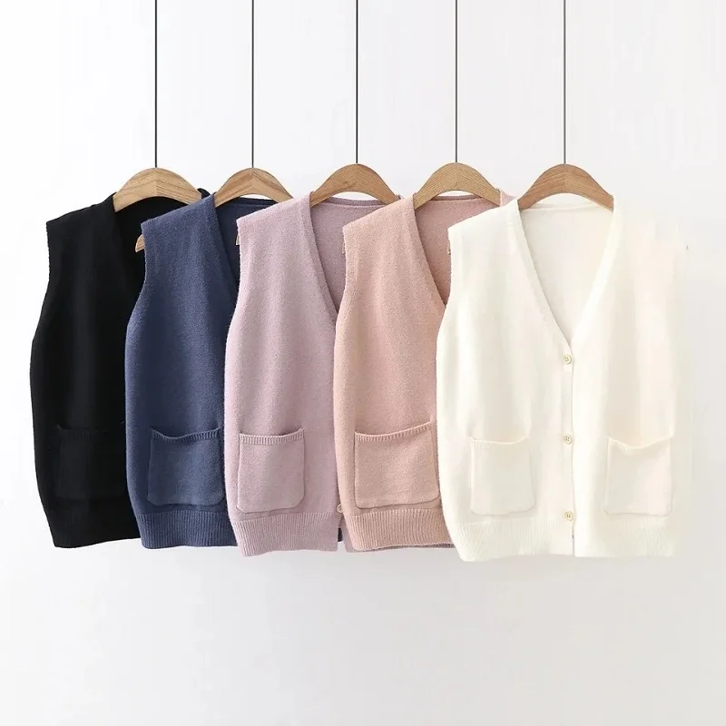 Knitted vest spring autumn Korean style loose V-neck pocket cardigan jacket Women's coat y2k sueters de mujer Ladies sweater