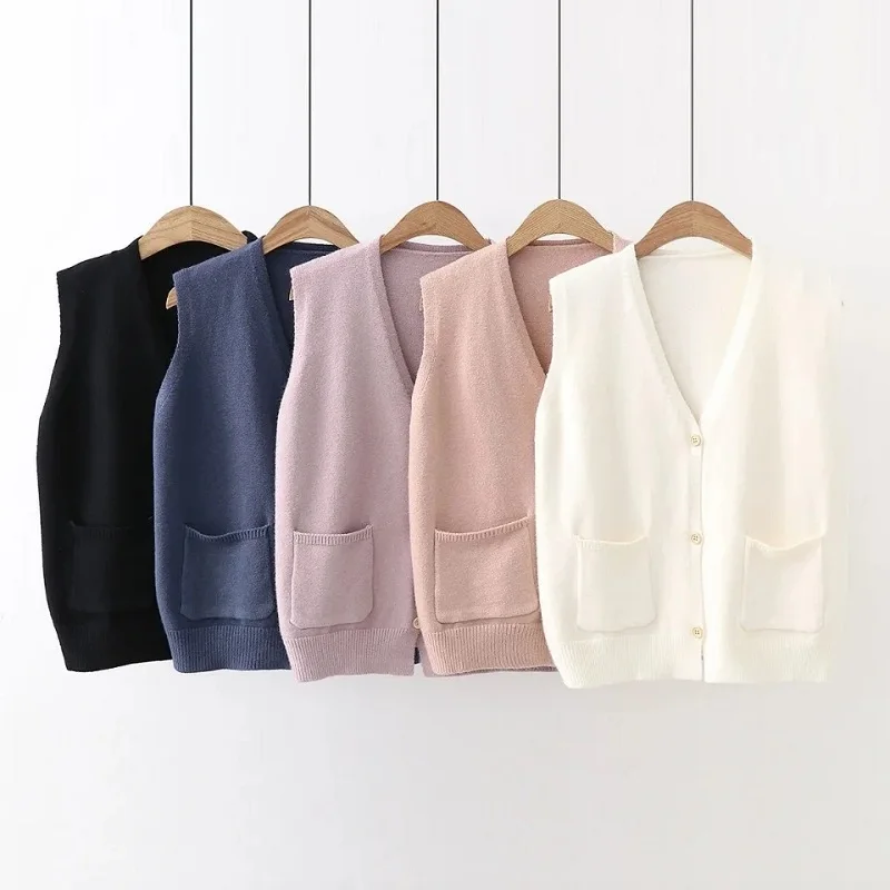 

Knitted vest spring autumn Korean style loose V-neck pocket cardigan jacket Women's coat y2k sueters de mujer Ladies sweater