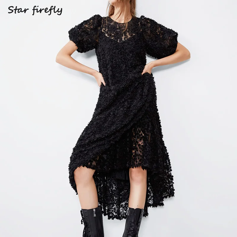 Star firefly casual western puff sleeve round neck openwork lace Za long dress female loose stitching dress women