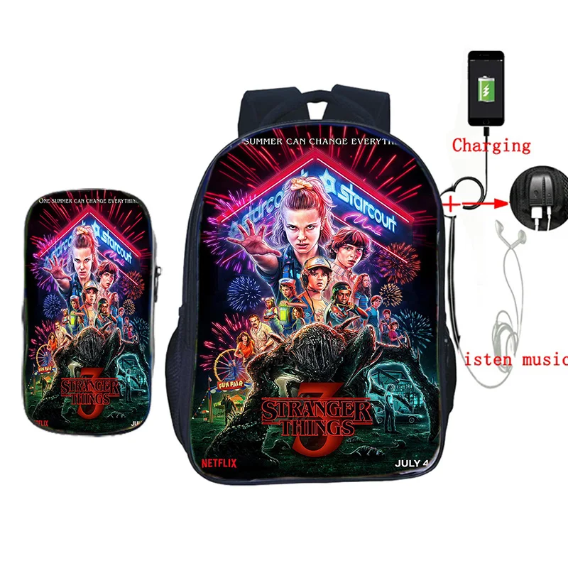 

2 Pcs/set Stranger Things Season 3 Backpack with Pencil Case USB Charge School Bag for Teenage Boys Girls Travel Shoulder Bags