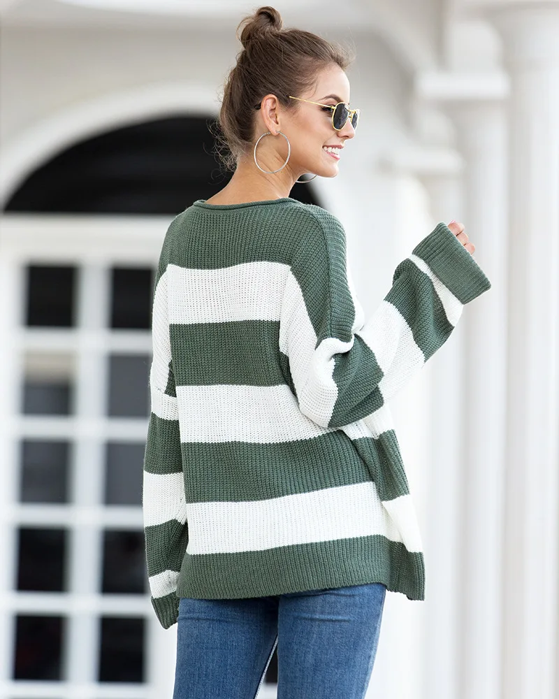 

Women Clothes Striped Loose Ladies Sweater Pullover 2019 Autumn Winter New Arrival Green Jumpers Knit Sweaters Women Pull Femme