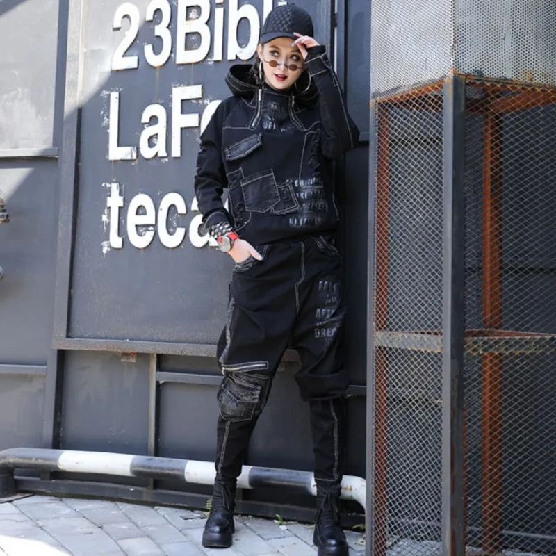 Streetwear Autumn Women Denim Two Piece Set Hip Hop Casual Printed Loose Hooded Sweatshirt Elastic Waist Drop Crotch Harem Jeans