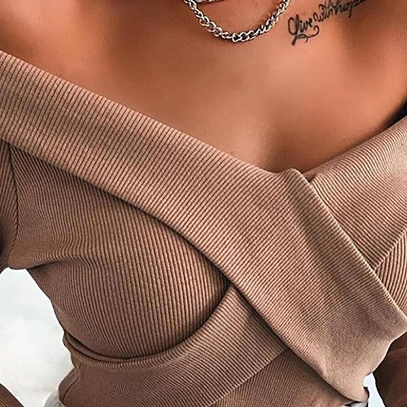 

Women Long Sleeve Sexy V Neck Top Off Shoulder 2020 Winter Autumn Solid Khaki Streetwear Ladies Slim Party T-Shirt SJ4713C