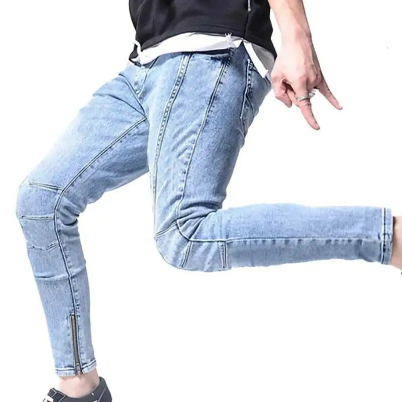 

Men Denim Pants Jeans Zipper Casual Stretch Slim Pocket Bottoms Long Trousers