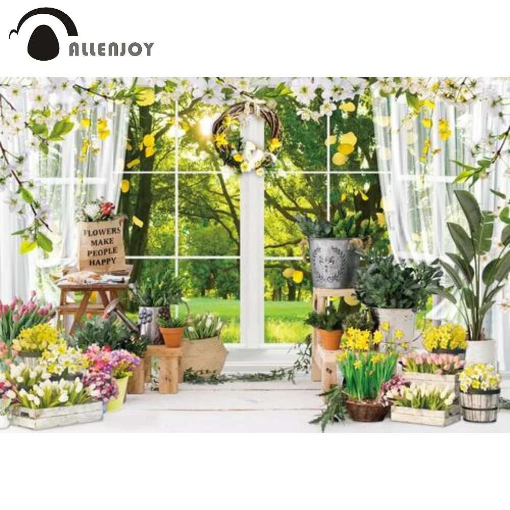 

Allenjoy Easter Decoration Spring Window Scenery Background Garden Baby Shower Wedding Newborn Landscape Photobooth Backdrop
