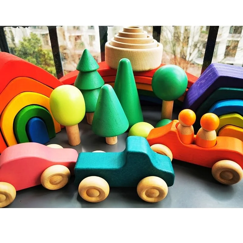 Montessori Wooden Toys Elemental Rainbow Stacking Blocks /Unpaint Wood Tree Building Stacker Car Volcano Coral Sea Wave