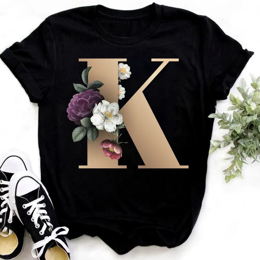 

Women T-Shirt Black Classic All-match Ladies Tops O-Neck Fashion Flowers Letter Pattern Series Short Sleeve Tee Women's Clothing