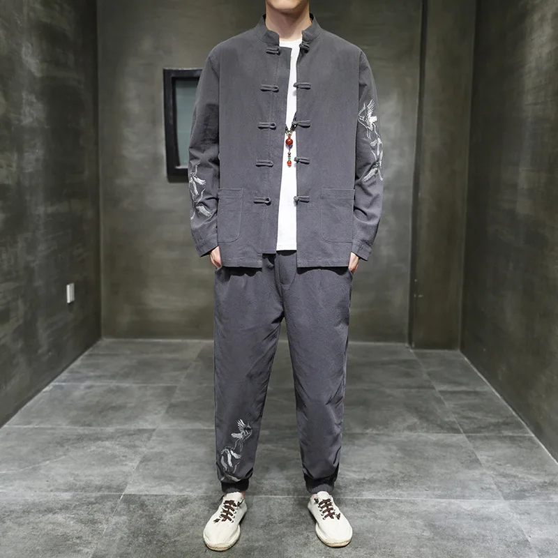

Spring Cotton Linen Tang Suit Two-piece Men's Chinese Style Embroidery 2021 Youth Large Size Antique Hanfu Suit Mens Clothes