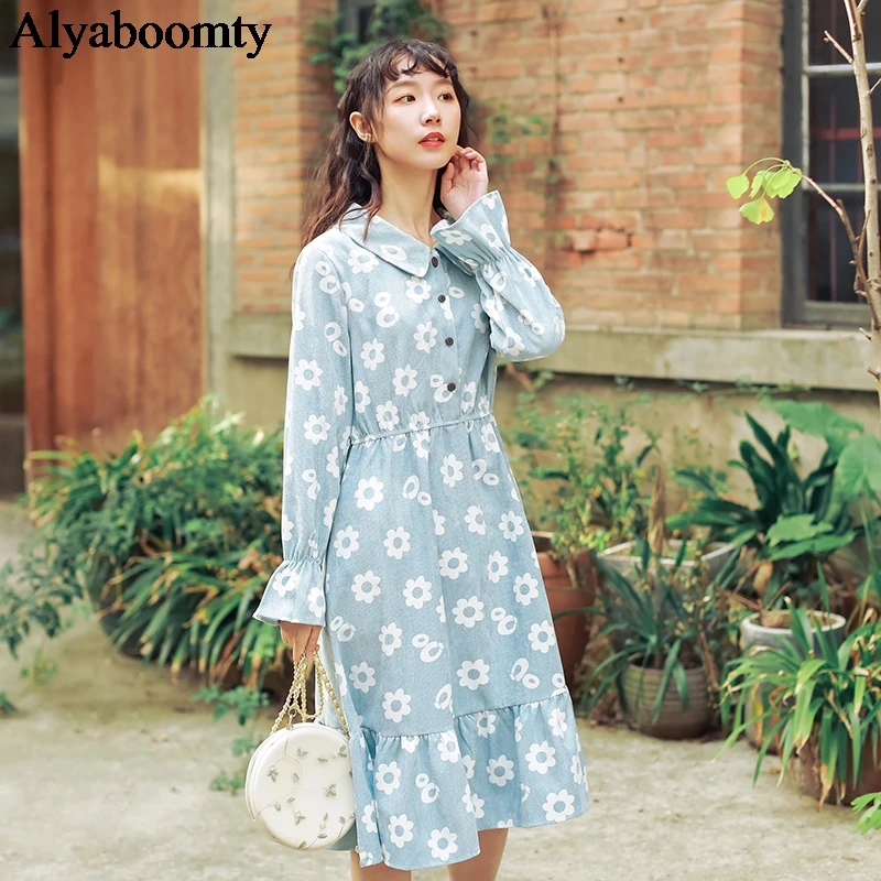 Женское вельветовое платье с отложным воротником и цветочным принтом | Женская